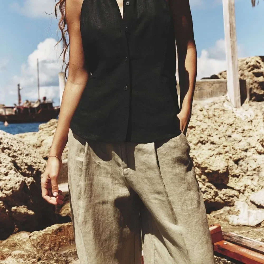 ZARA 100% LINEN WIDE-LEG PANTS GREEN